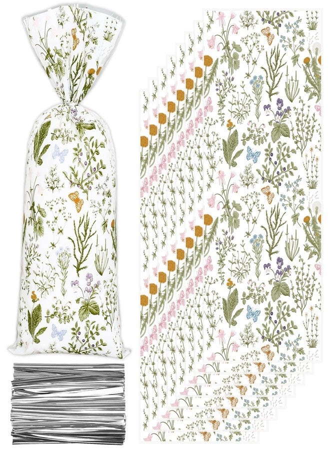 Whaline 100Pcs Vintage Spring Wildflower Cellophane Treat Bags with Twist Ties Retro Botanical Floral Plastic Candy Goodie Party Favor Bags for Wedding Birthday Baby Shower - Image 1